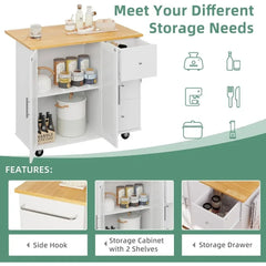 Kitchen Cart with Folding Drop Leaf Breakfast Bar, Portable Trolley Island with Large Storage Cabinet, Kitchen Cart