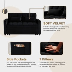 3-in-1 2-Seater Loveseat Pull Out Couch Reclining Backrest,Toss Pillows Pockets-Perfect for Small Spaces Velvet Sleeper Sofa Bed