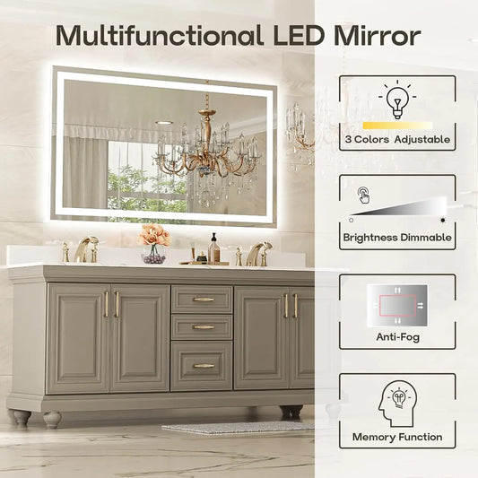 60x36 Inch Modern LED Bathroom Mirror - Smart Backlit Vanity Mirror with Anti-Fog, Dimmable Lights, Wall Mounted Over Sink, 1/5