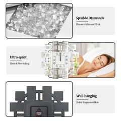 Irregular Large Crush Diamond Mirrored Wall Clock Sparkle Bling Quartz Clock Roman Numerals for Living Room