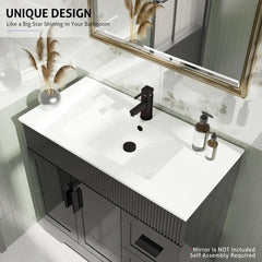 36" Bathroom Vanities Sink Combo Set, Modern Cabinet w/Wave Lines, Undermount Ceramic Sink w/Matte Black Faucet Drain