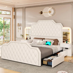 Queen Size 53” Tall Platform Bed Frame with 4 Storage Drawers, PU Leather Upholstered with Deep Black