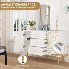 48" Sideboard Buffet Cabinet with Storage, White & Gold Floral Accent Storage Cabinet with 4 Doors, Credenza for Living Room