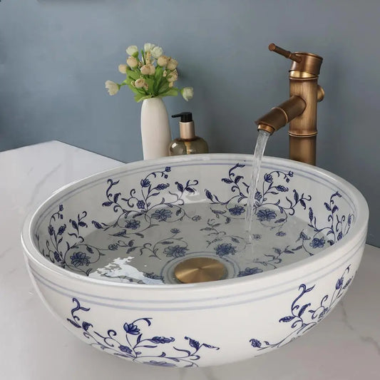 JIENI Circular Blue And White Porcelain Ceramic Basin Set W/ Antique Bamboo Shaped Faucet And Pop Drain Bathroom Sink Lavabo