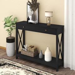 Black Console Table with Drawer and Storage Shelves, Foyer Sofa Table Narrow for Entryway, Living Room, Hallway