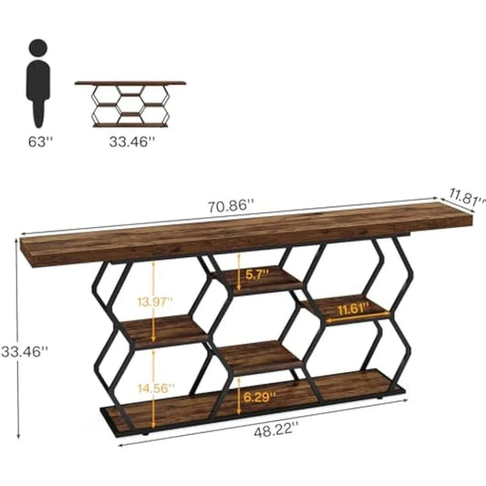 Extra Long Console Table with Shelves, Narrow Sofa Table Behind Couch with Storage, Industrial Entryway Table TV Stand