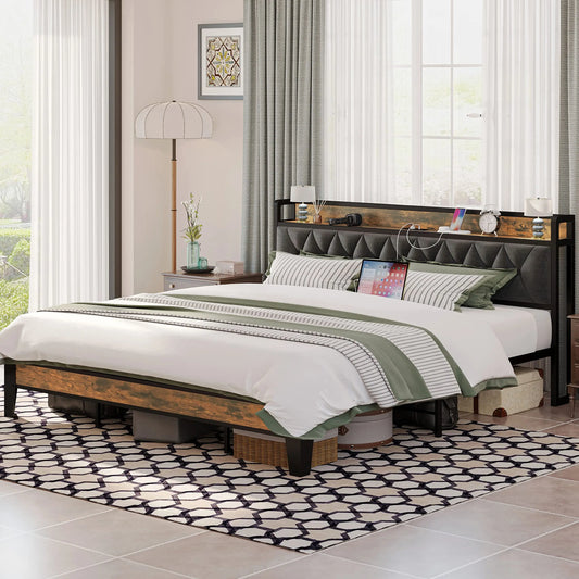 ANCTOR Twin/TwinXL/Full/Queen/King/CaliforniaKing Bed Frames, Storage Headboard with Outlets, No Noise, No Box Springs Needed