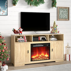 Fireplace TV Stand for 65 Inch TV Entertainment Center with Electric Fireplace Storage Modern Fluted TV Stands with Open Storage