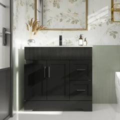 36" Bathroom Vanities Sink Combo Set, Modern Cabinet w/Wave Lines, Undermount Ceramic Sink w/Matte Black Faucet Drain