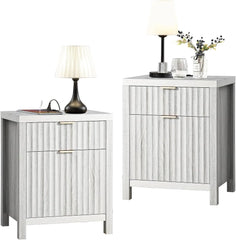 2 Drawer Nightstand,End Table with Charging Station,Night Stand with Fluted Panel,Bed Side Table Set of 2