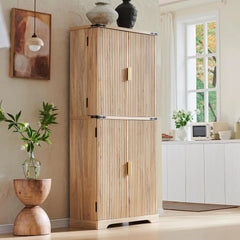 Fluted Pantry Cabinet,  Modern Storage Cabinet with 4 Doors, Organizer, Drawer and Adjustable Shelves, Wood Cupboard