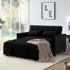 3-in-1 2-Seater Loveseat Pull Out Couch Reclining Backrest,Toss Pillows Pockets-Perfect for Small Spaces Velvet Sleeper Sofa Bed