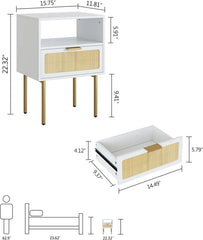 Rattan Nightstand with Charging Station, 2 Drawer Dresser for Bedroom, Small Bedside Table with 2 Drawers, Night Stand,