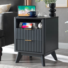 Groove Bedside Table with Charging Station, Artificial Marble Countertop, 2 Drawer Side Tables with Storage Space