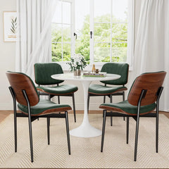 Dining Chairs Set of 8 Mid-Century Modern Upholstered PU Leather Chairs with Walnut Bentwood Back Dark Green Shell Strips