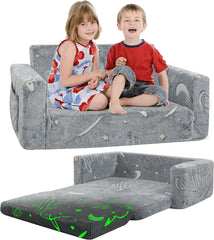 Kids Couch Toddler Chair Folding Extra Wide 2 in1 Glow in The Dark Fold Out Flip Open Kids Sofa Baby Convertible Sofa to Lounger