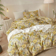 Duvet Cover Queen 100% Cotton, Green Garden Flower Pattern Bedding Duvet Cover Set Full Queen with Pillowcases Durable Zipper