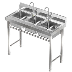 3 Compartment Freestanding Stainless Steel Utility Sink Commercial Kitchen Sink Laundry Basin with 2 Hot Cold Faucets + 3 Drains