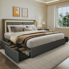 King Size Bed Frame with Storage, LED King Bed Frame and Wingback Headboard