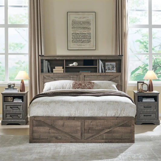 King Size Wood Bed Frame Farmhouse with 52" Tall Storage Bookcase Headboard, LED Light,Charging Station,4 Drawers and Solid