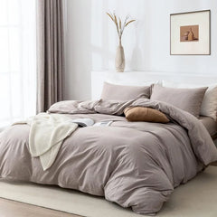 Duvet Cover Set- 100% Washed Cotton 3 Pcs Soft Comfy Breathable Chic Linen Feel Bedding, 1 Duvet Cover and 2 Pillow Shams