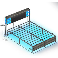 Queen Size Bed Frame with Charging Station and Cool LED Lights, Sturdy Platform Bed with Upholstered Storage Headboard