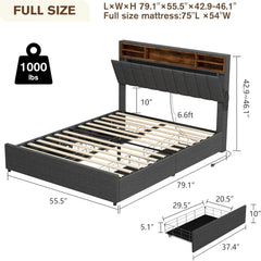 Full Size Bed Frame with Headboard & Charging Station, LED Bed Frame with 4 Storage Drawers, No Box Spring Needed, Bed Frame