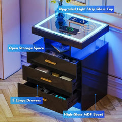 2 Set Nightstands with Wireless Charging Station, Auto Sensor 3 Color Dimmable LED Night Stand with 3 Drawers&3Open Compartments