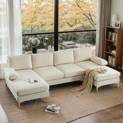 Modern U Shaped Sectional Sofa for Living Room, 110-Inch 6 Seat Large Couch with Double Lounge Chaise for Small Space, Beige