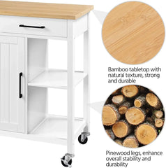 Kitchen Island Cart with Bamboo Countertop, Rolling Kitchen Storage Trolley with 2 Drawers and Adjustable Shelves, Compartment