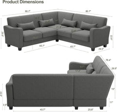 Fabric L Shaped Sofa Small Sectional Couch with Chaise Solid Corner Sofa Small L Couches 5 Seater Sofa Light Grey