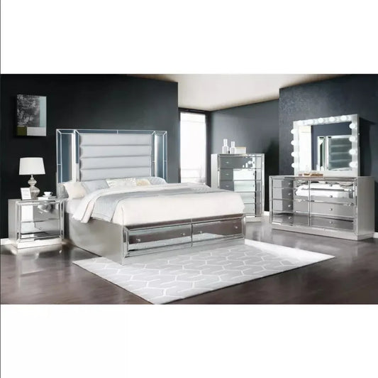 Mirrored Bedroom Furniture 5 PCS Bedroom Set Include Queen Bed Frame 2 Nightstand Dresser and Mirror Luxury Furniture