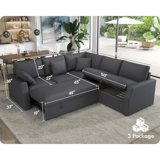 Sofa Bed, 85 In Sleeper Couch with Storage Seat, L Shaped Sofa W Pull Out Sofa Bed, Sectional Couches for Living Room Apartment