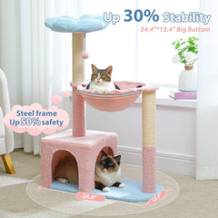 Flower Cat Tree with Large Metal Frame Hammock Cute Cat Tower with Sisal Scratching Posts for Small Indoor Cats with Pink Perch