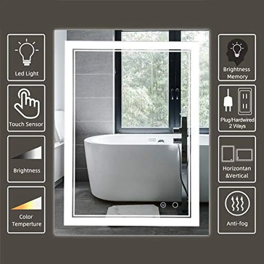 LED Bathroom Vanity Mirror Wall-Mounted Anti Fog Smart Touch Dimmable Waterproof Lights IP44 Rectangular 36x28