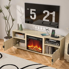 68" Fireplace TV Stand for TVs up to 70" with 23" Electric Heater, Media Console Cabinet with Storage Shelves, Fluted Door