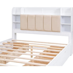 Queen Size Bed Frame with Storage Headboard,Shelves and 4 Drawers, Solid Wood Queen Size Platform Bed Frame