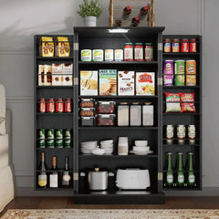 50" LED Kitchen Pantry Storage Cabinets - Standing Food Cabinets Cupboards with 2 Doors with Racks and Shelves Adjustable