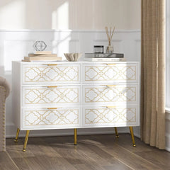 48" Sideboard Buffet Cabinet with Storage, White & Gold Floral Accent Storage Cabinet with 4 Doors, Credenza for Living Room