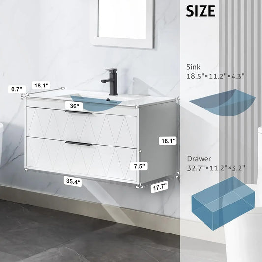 36" Bathroom Vanities Cabinet with Sink Combo, Wall Mounted Floating Cabinet W/Decor Line,Soft-Close System, 2 Extra Big Drawers