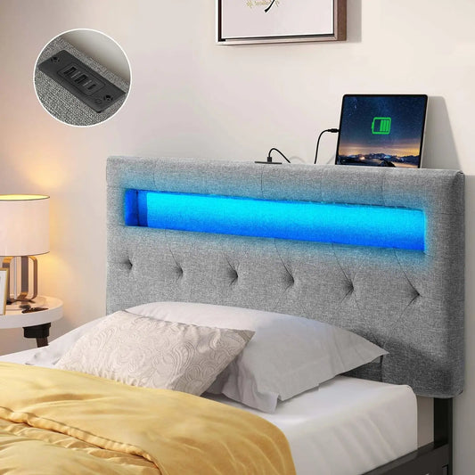 Headboard for Twin Size Bed with 60000 DIY Color of LED Light USB & Type C Post Attach Frame Height Adjustable