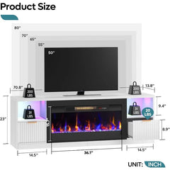 70” Fireplace TV Stand for TVs Up to 80", LED Entertainment Center with 36" Electric Fireplace, Modern Fluted Media Cons