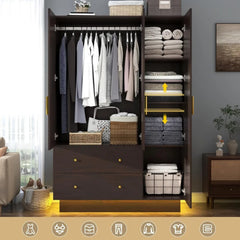 3 Doors Armoire Wardrobe Closet with Mirror, LED Armoire with Doors and Drawers, Wooden Armoire Storage Cabinet with Hanging Rod