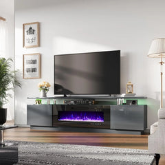 Fireplace TV Stand with 40" Fireplace, 80" Modern High Gloss Fireplace Entertainment Center LED Lights 2 Tier TV Console Cabinet