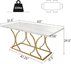 63" Luxury Dining Table Kitchen Dining Room Table White Dinner Desk Rectangle Modern Marble with Gold Metel Frame for 6 People