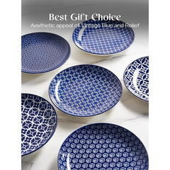 Ceramic Dinner Plates - 10.5 Inch Blue and White Salad Plates, Porcelain Large Serving Dishes Set for Assorted, Pasta, Steak