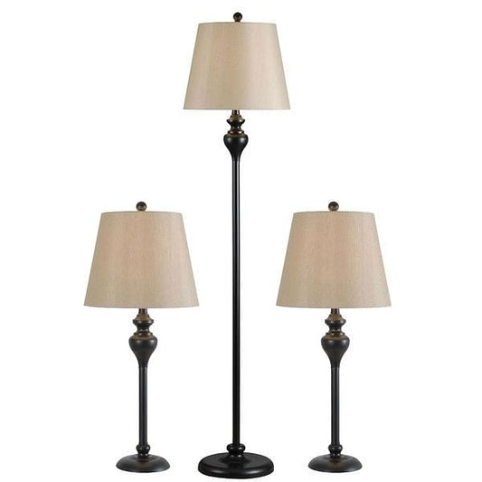 3-Piece Floor Lamp and Table Desk Lamp Set in Black with Light Gold