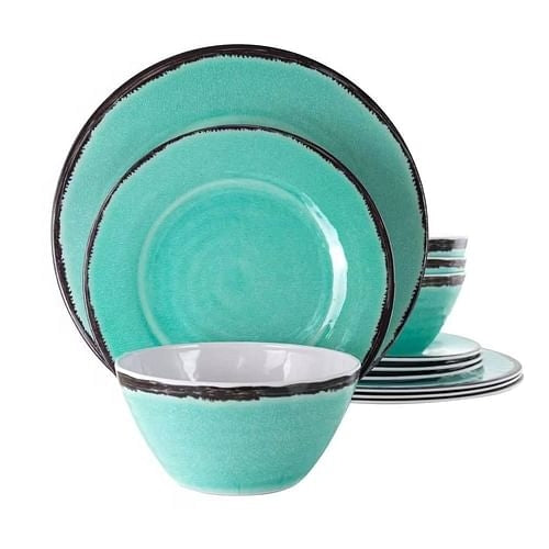 12-Piece Melamine Plates Bowls Dinnerware Set in Turquoise Blue -