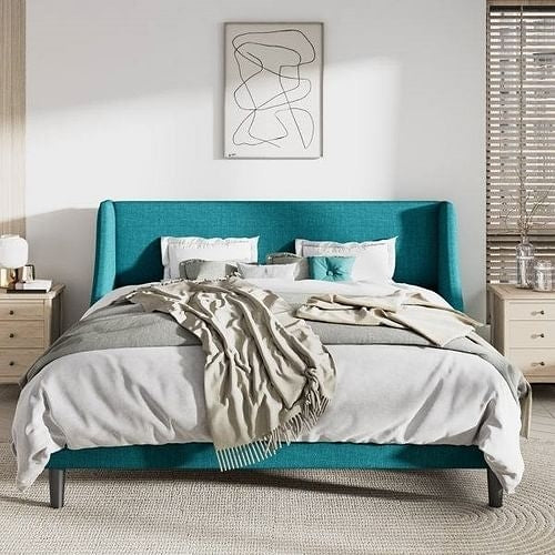 King Size Upholstered Linen Blend Headboard Wingback Platform Bed in