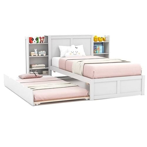 Twin/Full Wood Platform Bed w/ Trundle and Storage Bookcase Headboard